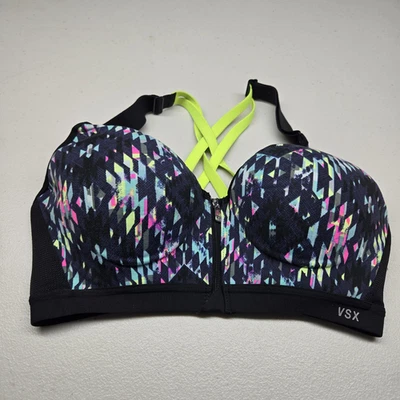 Victoria's Secret Women Sports Bra 34C Black Geometric Front Closure Underwire - Image 1 of 4