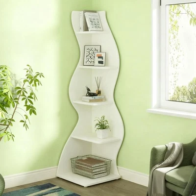 White 5 Tier Corner Shelving Unit Space Saving Engineered Wood Storage - Image 1 of 4