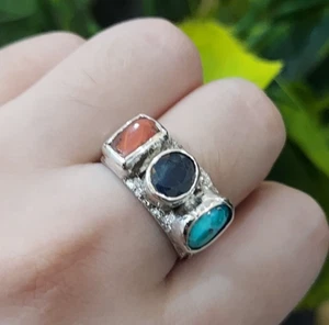 Natural Blue Sapphire | Natural Coral | Natural Turquoise Stone Antique Ring - Picture 1 of 5