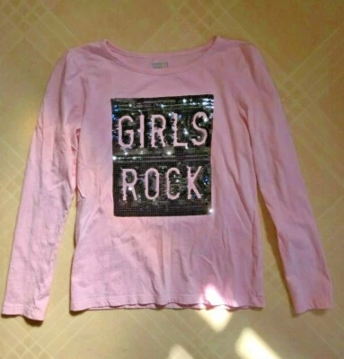 Crazy 8 Girls Long Sleeve Pink Sequined "GIRLS ROCK" Tee Shirt - Size 10-12 - Image 1 of 2