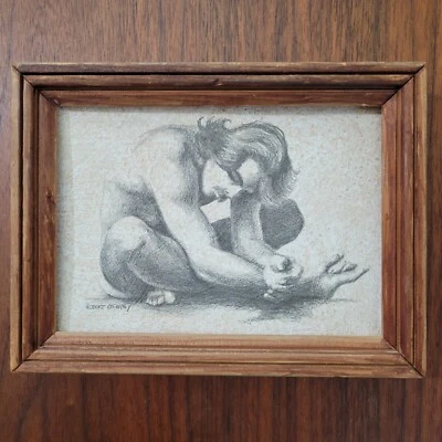 Original Robert Gentry Dibujo Homo Erótico Masculino Meditación Pequeño Enmarcado Firmado Foto 1 de 4