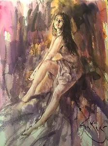 RARE NEW ORIGINAL GORDON KING "Evening Pose" brunette girl pretty woman PAINTING - Picture 1 of 5