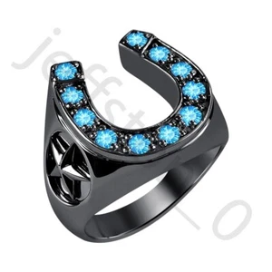 0.50 Ctw Lab Created Blue Topaz 14K Black Gold Over 2-Star Horseshoe Men's Ring - Picture 1 of 6