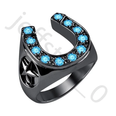 0.50 Ctw Lab Created Blue Topaz 14K Black Gold Over 2-Star Horseshoe Men's Ring - Image 1 of 4