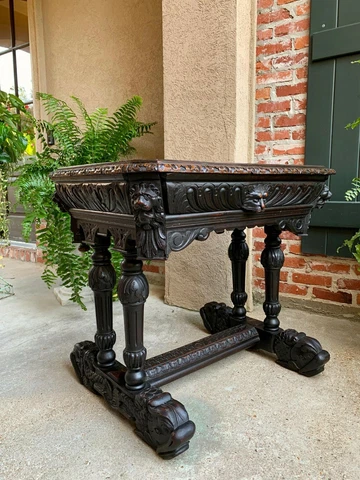 Antique Petite French Carved Oak Dolphin Table Desk Renaissance Gothic 19th c Cover