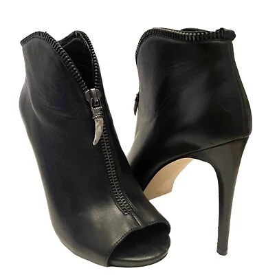 GUESS Womens 10M Black Leather Open Toe Horn Front Zip High Heels Bootie - Image 1 of 4