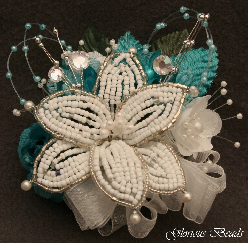 Corsage Teal Turquoise Rhinestone Prom BEADED LILY or 2 pc with Boutonniere - Image 1 of 1