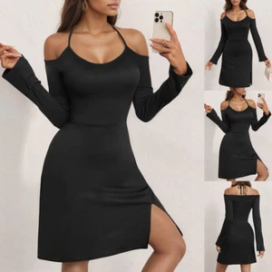 Women Halter Lace Up Mini Dress Cold Shoulder Cocktail Party Club Gown Dress UK - Picture 1 of 14