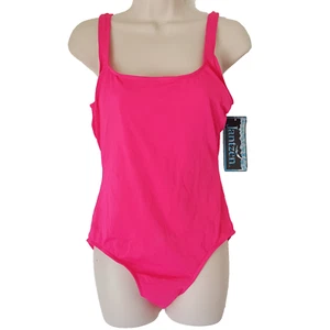 Vintage 80s Jantzen Neon Pink Bathing Suit Size 16 Classic Tank Swimsuit USA NEW - Picture 1 of 7