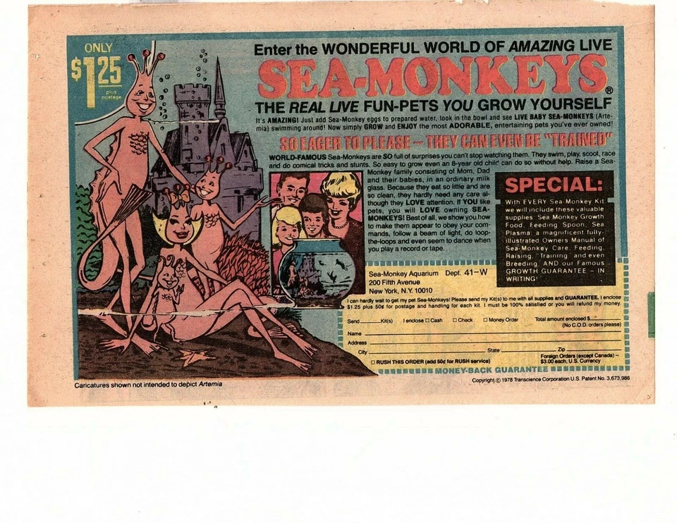 ВИНТАЖНАЯ ПЕЧАТНАЯ РЕКЛАМА SEA-MONKEYS 1970-е 6,5 x 10 цветов (c - Изображение 1 из 1