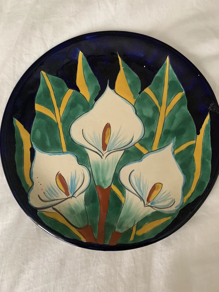 "Plato de cerámica decorativo cala lirio pintado a mano 10"" México" Foto 1 de 2