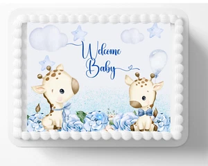 Cute Baby Giraffe Edible Image Blue Boy Baby Shower Themed Edible Cake Topper - Picture 1 of 1
