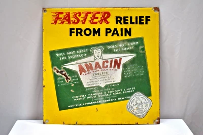 Vintage Anacin Pain Relief Porcelain Enamel Sign 12x12 Advertising Bombay 1949 - Image 1 of 4