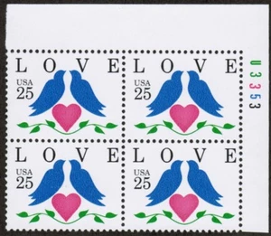 US USA Sc# 2440 MNH FVF PLATE # BLOCK Love Birds Pink Heart Perf 12.5x13 Pl#Side - Picture 1 of 1
