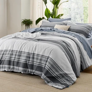 Juego de edredón Queen 7 piezas, juego de cama a rayas gris oscuro para cama Queen Size - Imagen 1 de 12