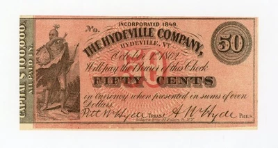 1862 50c The Hydeville Company - Hydeville, VERMONT Note CU - Image 1 of 2
