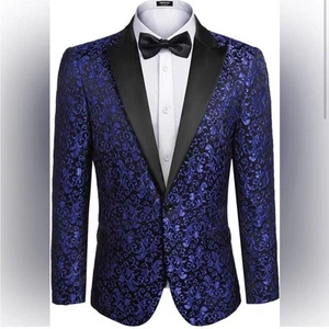 Coofandy Blazer Mens XXL Black Blue Shimmer Paisley Sports Coat Vegas Party Prom - Picture 1 of 12
