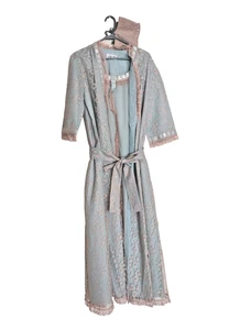 4 piece Vintage Saks Fifth Avenue Night Gown Robe Lace Panty Bag Belt Set Blue - Picture 1 of 18
