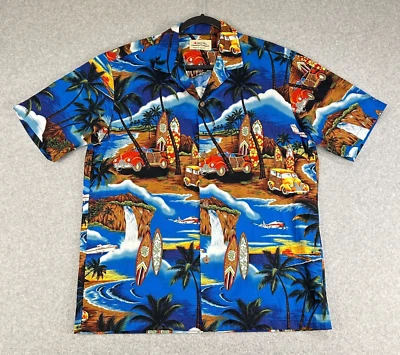 Camisa masculina vintage Royal Hawaiian Creations Waikiki Aloha azul feita na praia EUA - Imagem 1 de 4