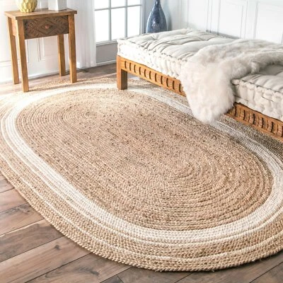 Oval Rug Jute Natural Farmhouse Rustic Braided Runner Modern Carpet Beige+white - Image 1 of 4