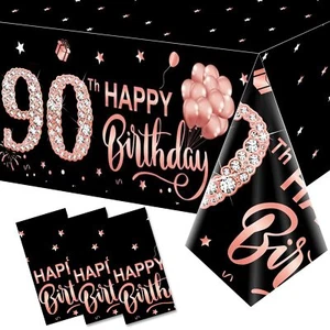 3 Pack 90th Birthday Tablecloth Decorations For Women Rose Gold Happy Ninety Bir - Picture 1 of 6