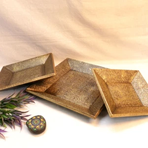 Wooden Set Serving Brass Tray Beautiful Inlay Work Tray, Wood Breakfast Trays - Picture 1 of 5