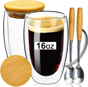 Double Wall Glass Coffee Mugs 16OZ with Bamboo Lid/Spoon, Glass Coffee Cups Set - Picture 1 of 12