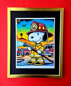đŸ”¥AIDAN FLUX | Hand Signed Print Framed COA SNOOPY CALIFORNIA FIREMAN - Picture 1 of 3