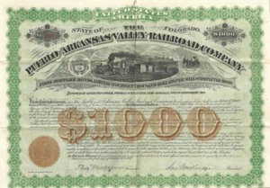 1878 RAILROAD Bond 🚂 Pueblo & Arkansas Valley Railroad Co. COLORADO - Imagen 1 de 4