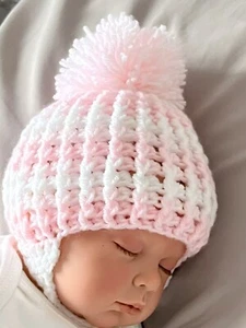 Brand New hand made crochet baby hat, Pink And White with pom pom for 3-6 months - Picture 1 of 1