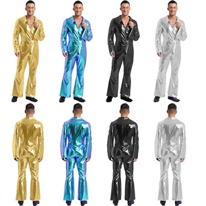 Para Hombres Años 70 80 Disco Danza Metálico Brillante Mono Solapa Manga Acampanada Mamelucos - Imagen 1 de 123