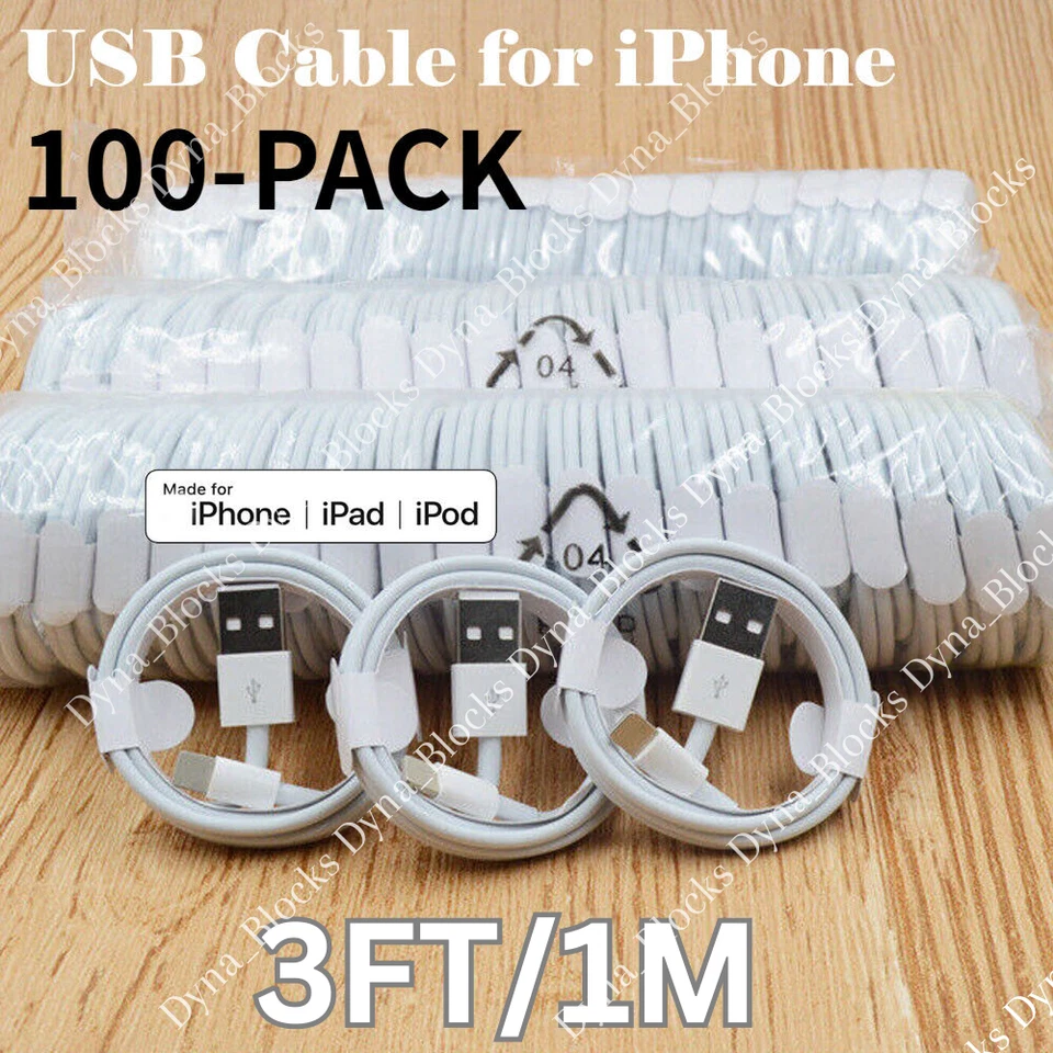 Lote de 100 unidades para iPhone 14 13 12 11 8 7 6 XS XR USB cable de carga rápida cable de carga Foto 1 de 4