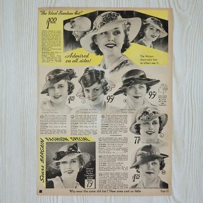 1935 WOMENS FASHION Mirror Views BANDEAU BERET HATS Sears 2-pg Print Ad CATALOG - Image 1 of 4