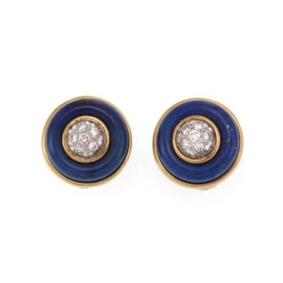 Tiffany & Co Vintage Diamond Lapis 18k Yellow Gold Button Clip On Earrings - Image 1 of 4