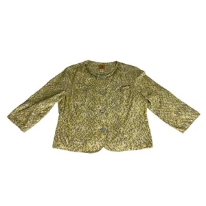Ruby Rd. Women's Jacket Top Yellow Print Button Down Quarter Sleeve Linen Coat - Picture 1 of 4