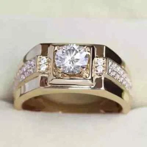 Herren-Verlobungsring 2 kt Rundschliff Lab Created Diamant 14 kt Gelbgold vergoldet - Bild 1 von 3