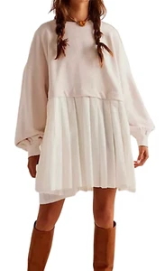 FREE PEOPLE ELEANOR HEART STITCHING PLEATED SWEATSHIRT TUNIC OVERSIZED DRESS M - Picture 1 of 8