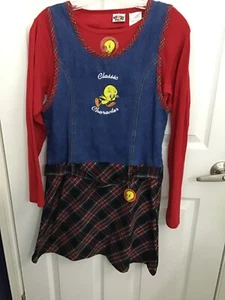 Looney Tunes Girl's Jumper Dress W/Red L/S Top Tweety Bird Belt Size 16 - Picture 1 of 9