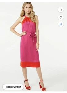 Scoop Vestito Midi Donna Halter Top Color Block con Cravatta in Vita Media (8-10) - Foto 1 di 17
