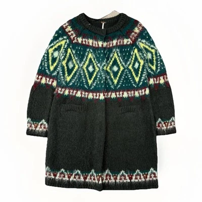 Cárdigan Free People Verde Fair Isle Largo Mezcla Mohair Botón a Presión Talla Pequeña Foto 1 de 4