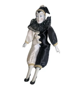 VTG Silvestri Harlequin Porcelain Doll Pierrot Jester Clown Black White MCM 16" - Picture 1 of 11