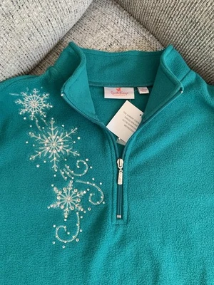 Quacker Factory Let It Snow Snowflake Rhinestone Half Zip Fleece Top Teal NWT - Image 1 of 4