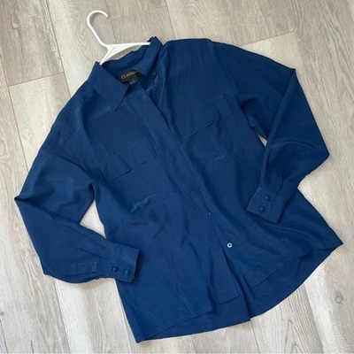 Classiques Silk Shirt button up pleat back womens Navy Blue (small) vintage chic - Image 1 of 4