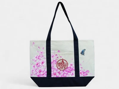 Bolso de Mano Trader Joe Grande de Lona Pintado a Mano con Flor de Cerezo y Mariposa Foto 1 de 4