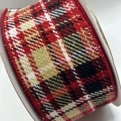 Plaid Christmas Ribbon 30 Ft 2.5 In Wide Wire Trimmed Red Black White Beige ￼￼ - Image 1 of 4