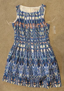 Dressbarn Blue Peach Geo Sleeveless A Line Knee Length Dress Women's Size 10 NWT - Picture 1 of 13