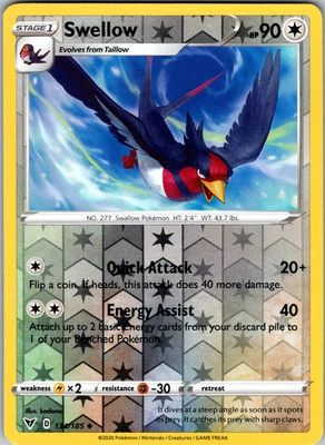 Swellow Reverse Holo 134/185 SWSH04: Vivid Voltage Uncommon - NM - Image 1 of 2