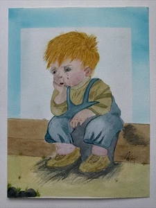 Quadro Acquerello Di Testa Rossa Ragazzo Con Salopette Monogramma Illustratore Cartoni Animati - Foto 1 di 6