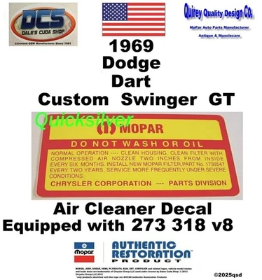Dodge Dart 273 318 V8 1969 calcomanía de filtro de aire sin lavar 1739547 nuevo MoPar EE. UU. Foto 1 de 2