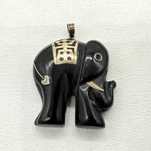 Vintage 14k Yellow Gold Accent Black Onyx Stone Elephant 1" Pendant 6.3g - Picture 1 of 9